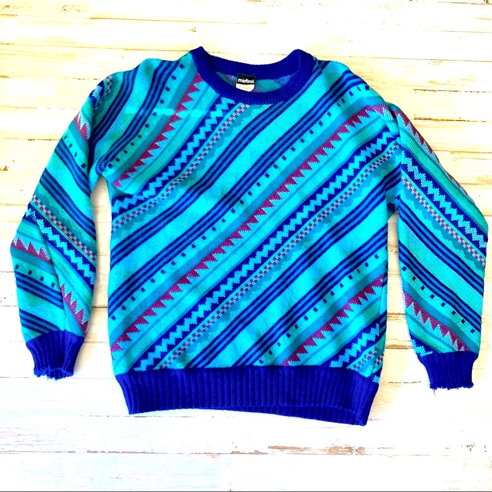 Vintage Mistral Wool Crew Neck Sweater Blue Green Red Scandi Design Medium